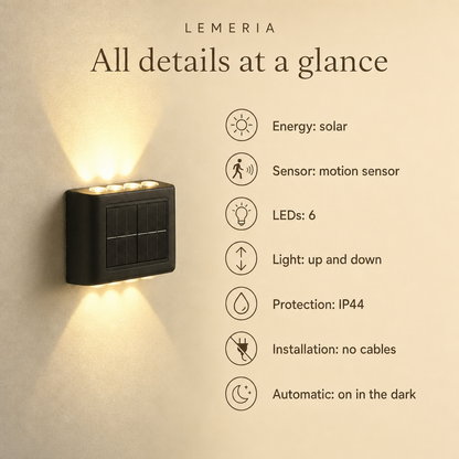 SolarGlow specifications: solar, motion sensor, 6 LEDs, light up and down, IP44