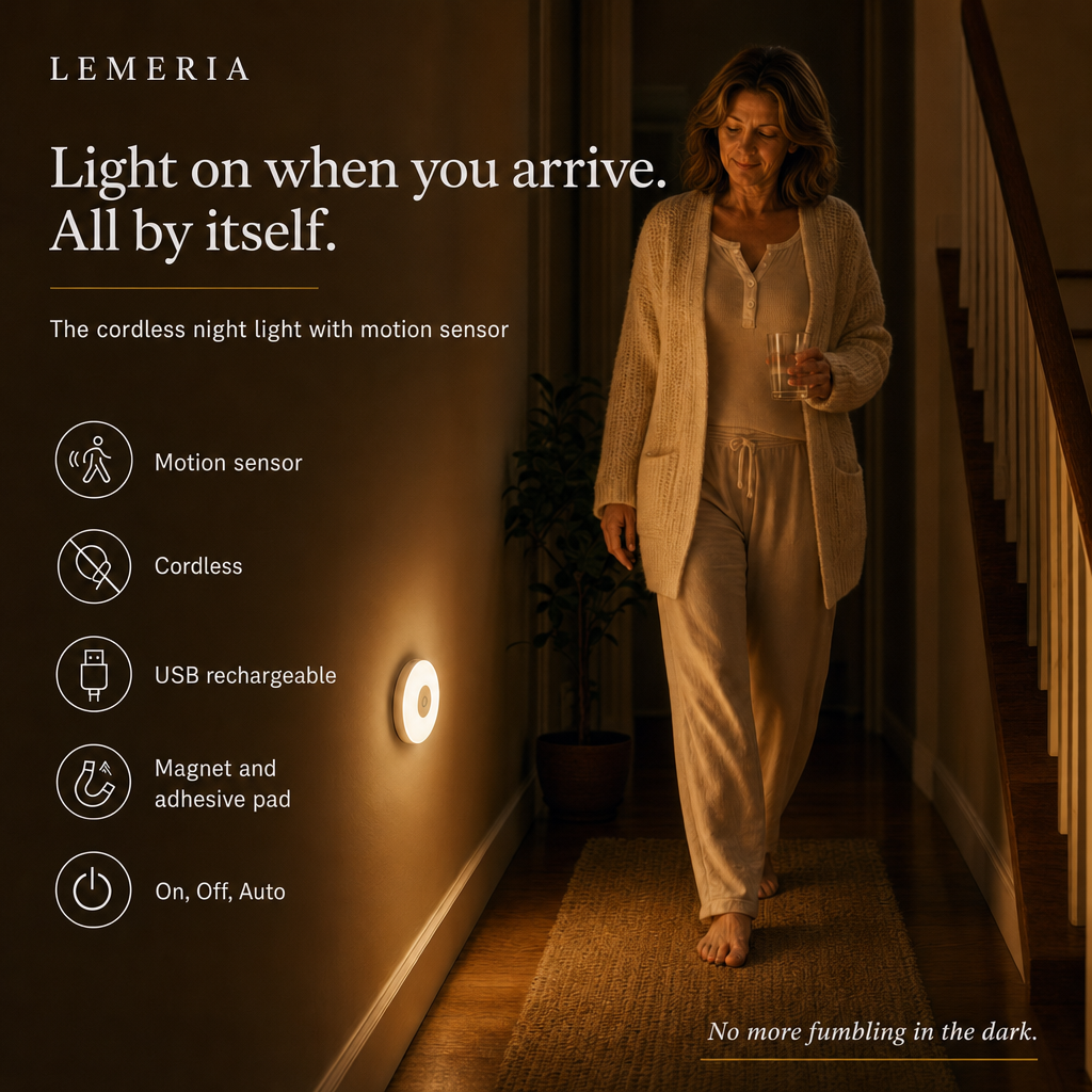 Woman walking down the hallway at night as the cordless LumiBeam motion sensor night light switches on