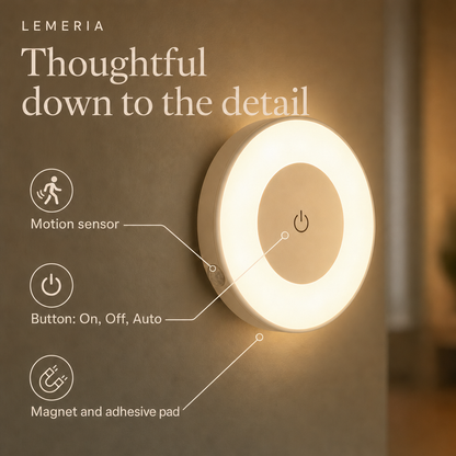 LumiBeam details: motion sensor, On Off Auto button, magnet and adhesive pad