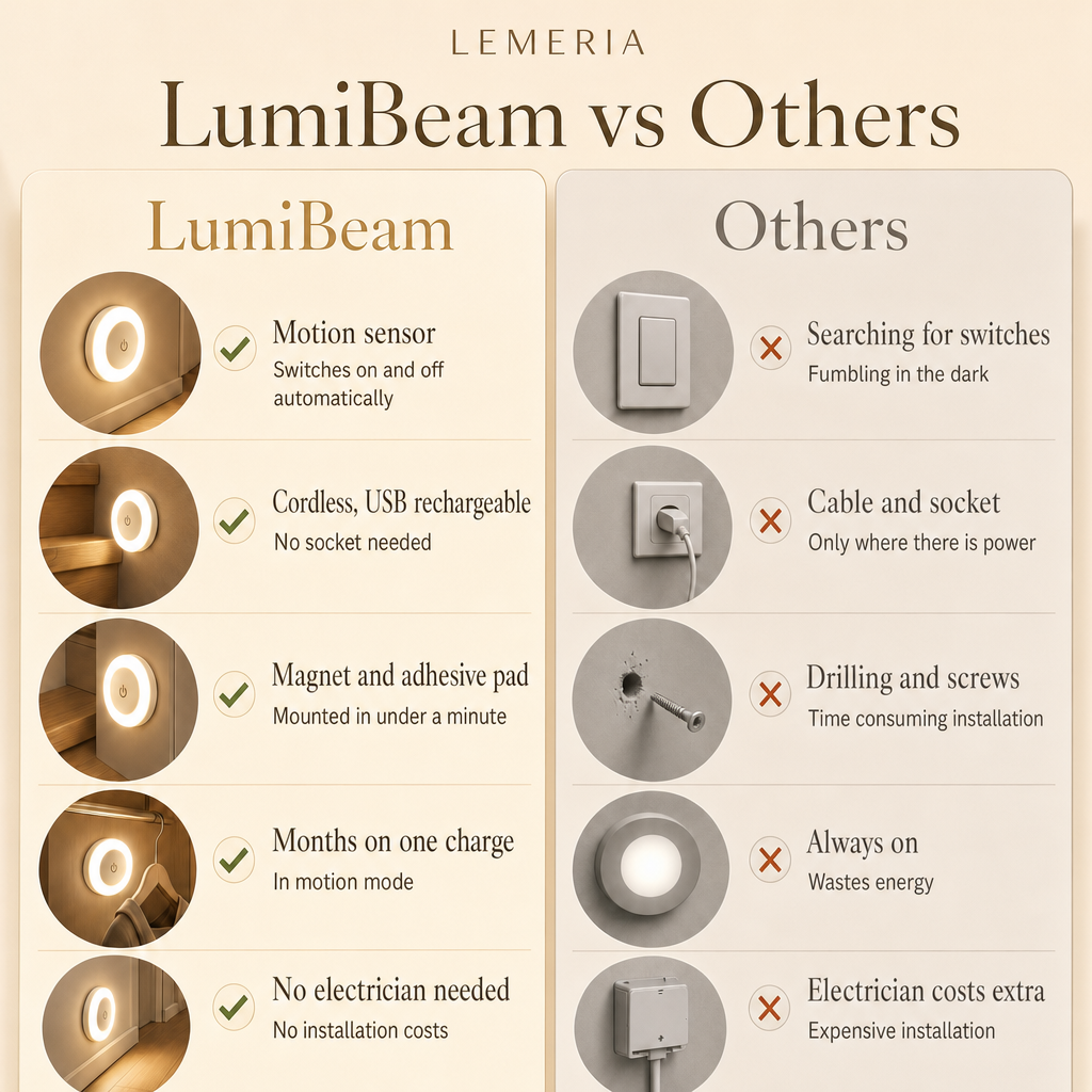 LumiBeam vs others: motion sensor, cordless, USB rechargeable, magnet and adhesive pad