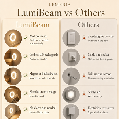 LumiBeam vs others: motion sensor, cordless, USB rechargeable, magnet and adhesive pad
