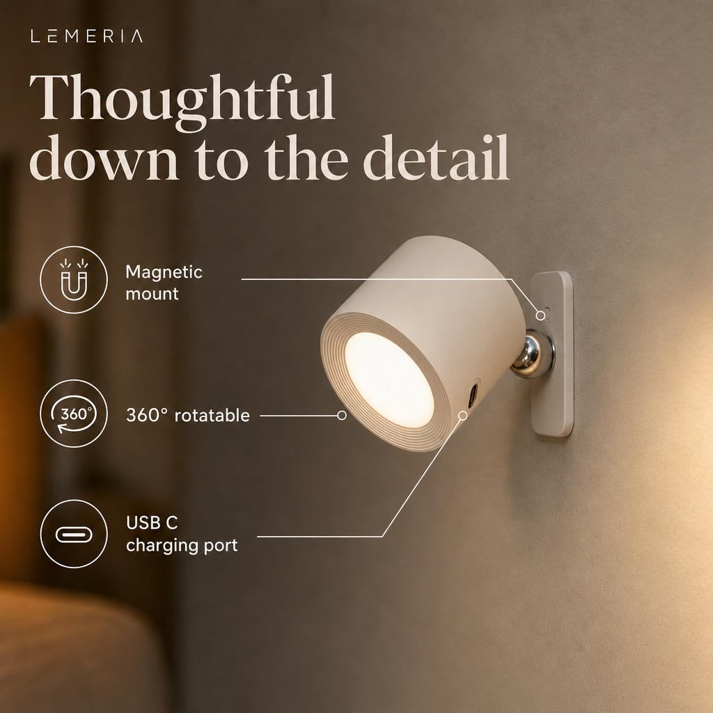 EasyLamp details: magnetic mount, 360 degree rotatable, USB C charging port