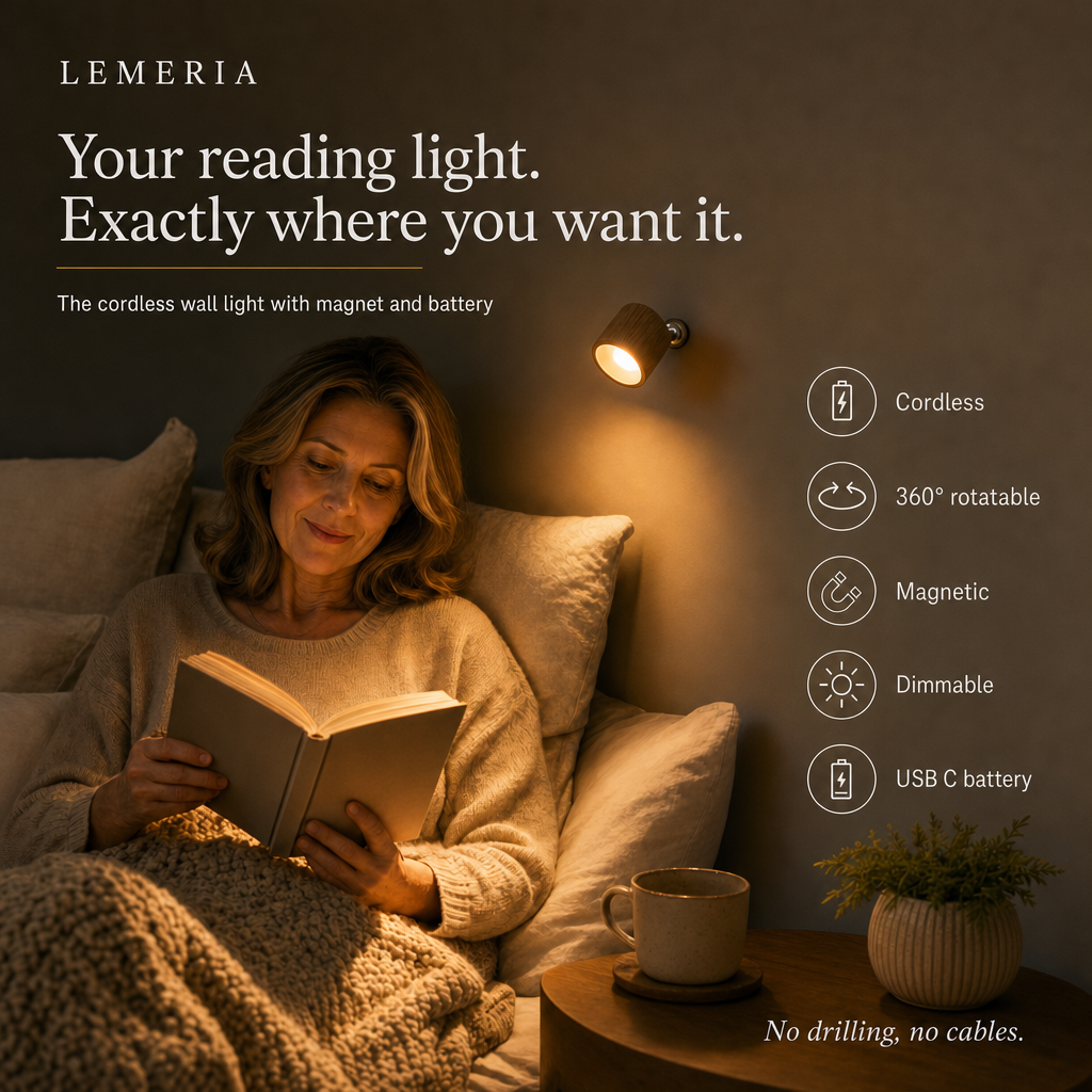 Woman reading in bed under the cordless EasyLamp wall light, 360 degree rotatable and dimmable