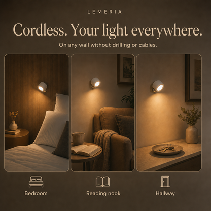 Cordless EasyLamp wall light in the bedroom, reading nook and hallway