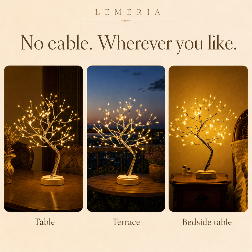 Cordless light tree lamp on the table, terrace and bedside table