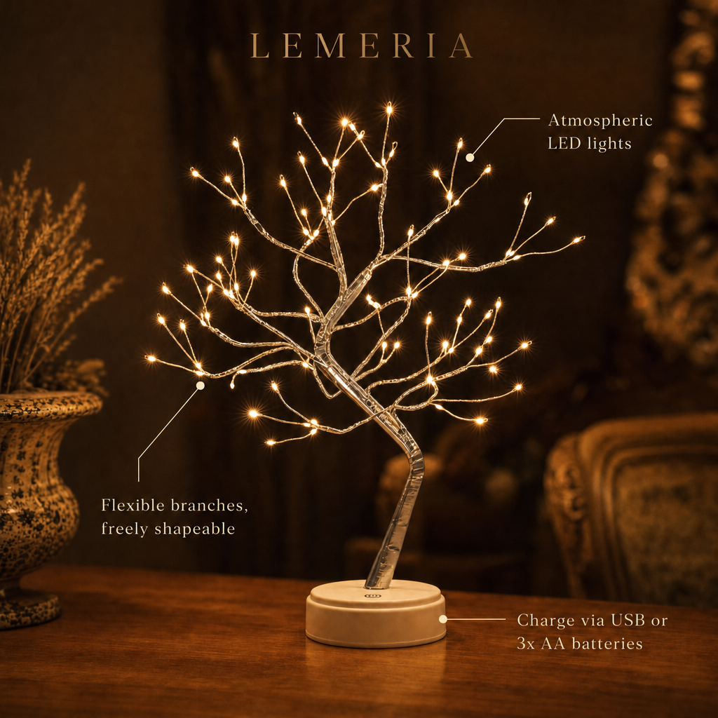 Magic Light Tree details: atmospheric LED lights, flexible branches, charging via USB or 3x AA batteries