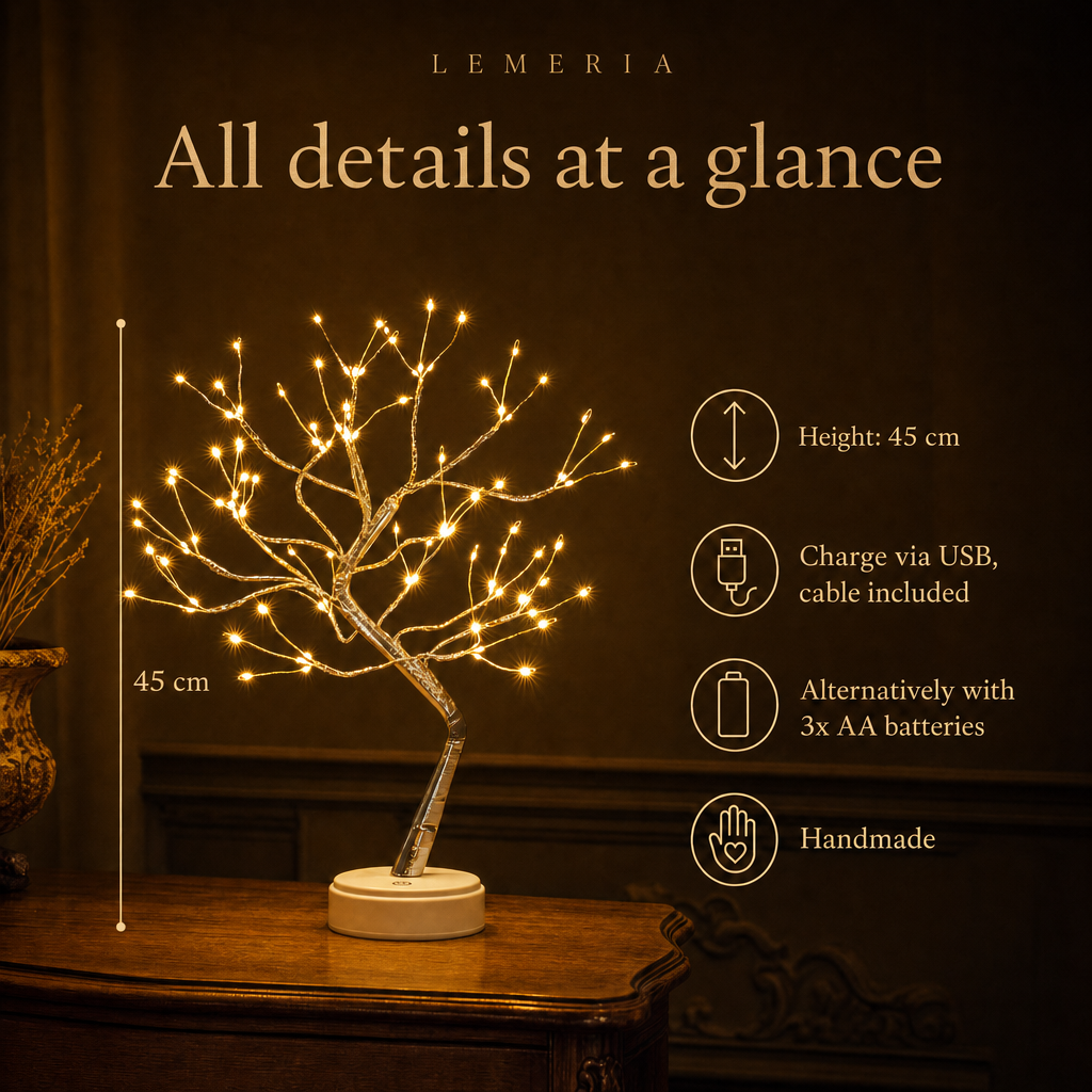 Magic Light Tree at a glance: height 45 cm, USB charging, 3x AA batteries, handmade