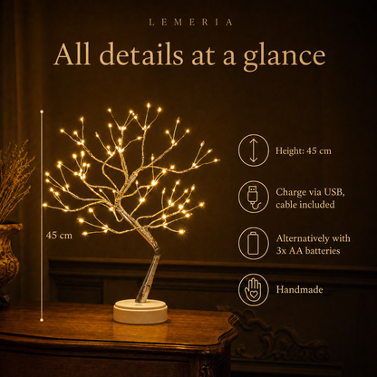 Magic Light Tree at a glance: height 45 cm, USB charging, 3x AA batteries, handmade