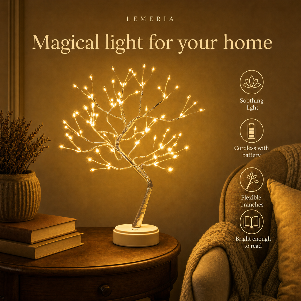 Magic Light Tree LED bonsai lamp with soothing light, cordless with battery and flexible branches