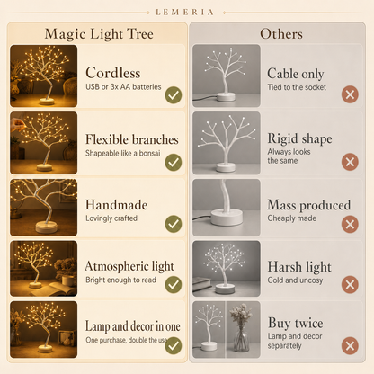 Magic Light Tree vs others: cordless LED table lamp with flexible branches, handmade, lamp and decor in one