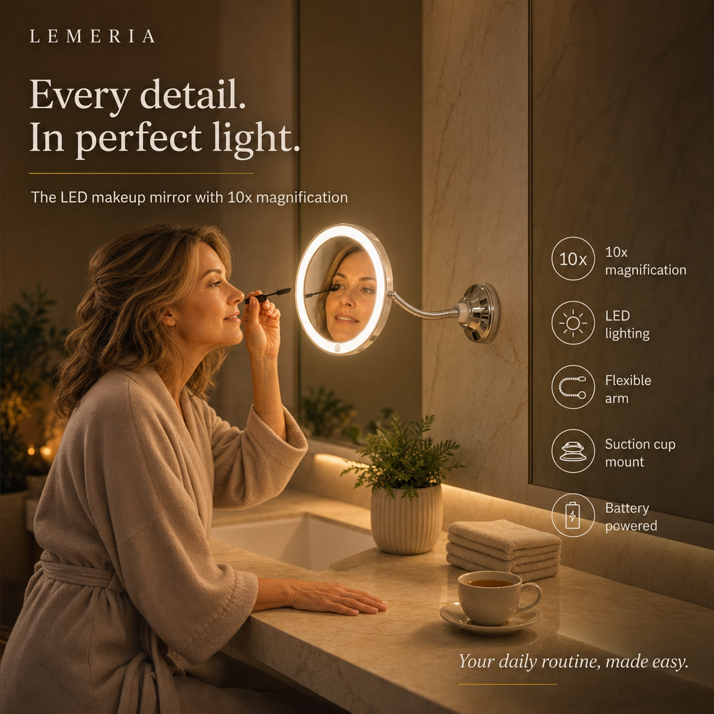 Woman applying makeup with the illuminated LED makeup mirror with 10x magnification and suction cup