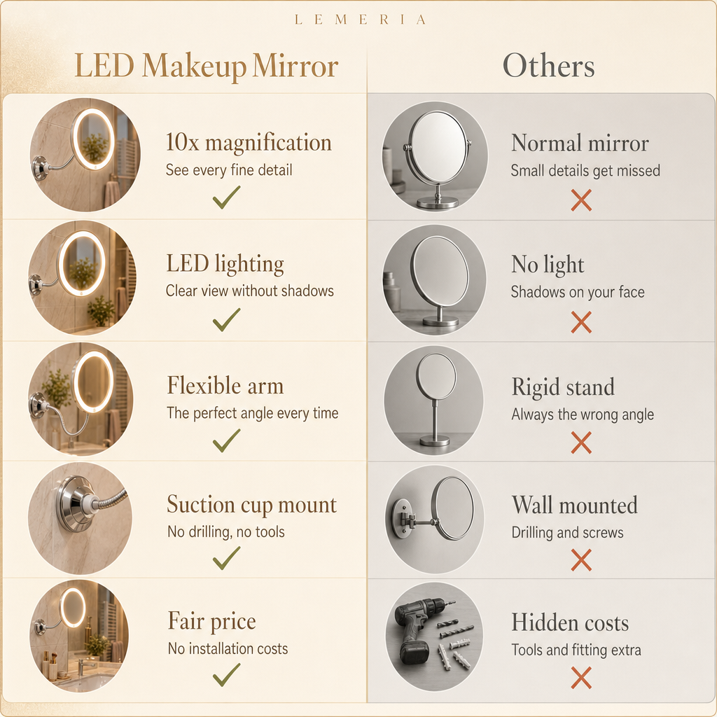 LED makeup mirror vs others: 10x magnification, LED lighting, flexible arm, suction cup mount