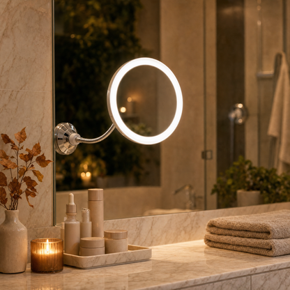 LED makeup mirror with 10x magnification and flexible arm on the bathroom mirror