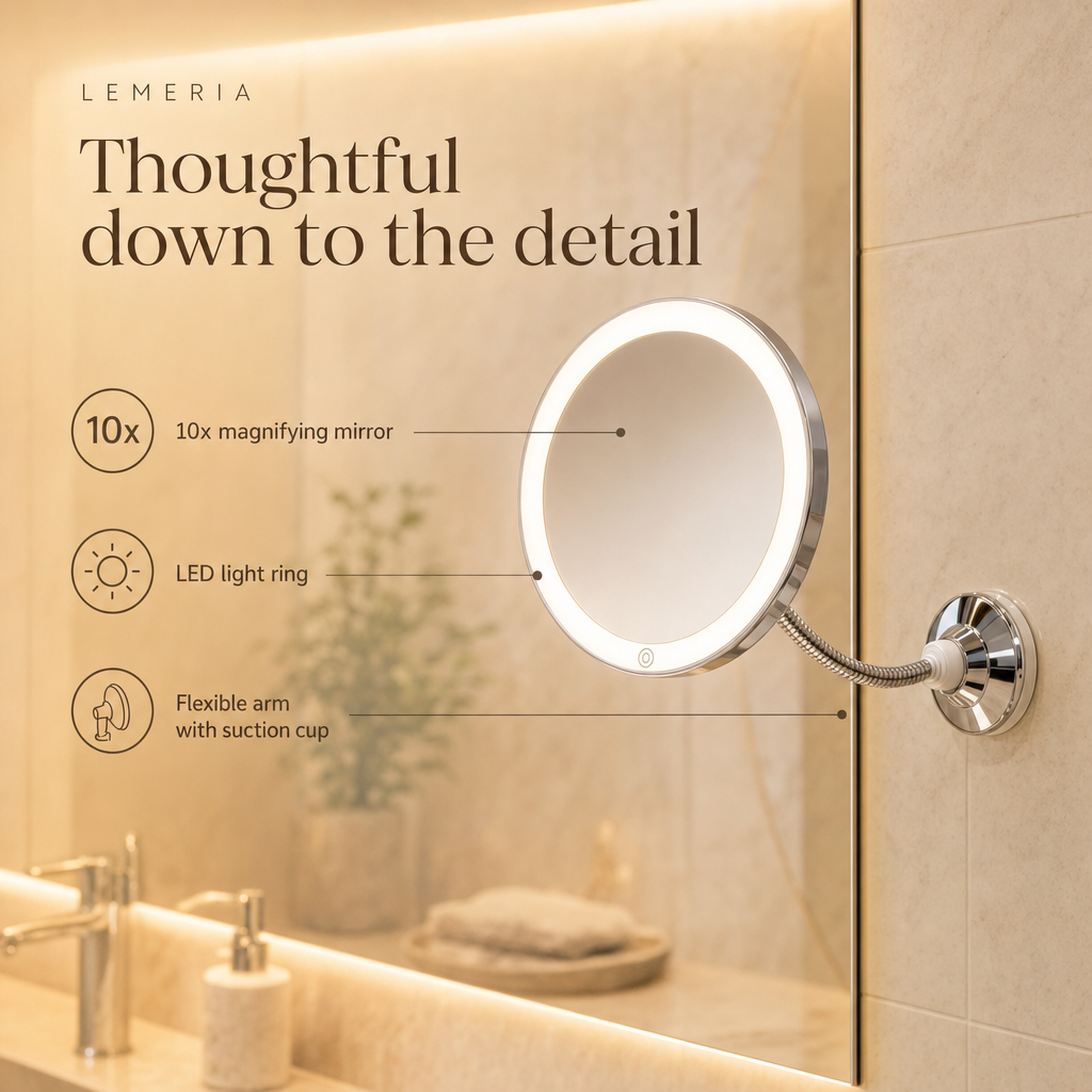 LED makeup mirror details: 10x magnifying mirror, LED light ring, flexible arm with suction cup