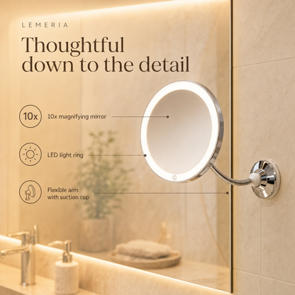 LED makeup mirror details: 10x magnifying mirror, LED light ring, flexible arm with suction cup