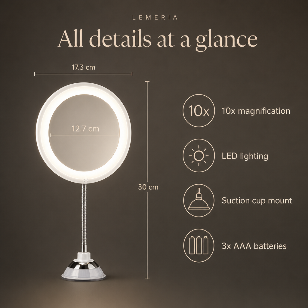 LED makeup mirror at a glance: 10x magnification, LED lighting, suction cup, 3x AAA batteries