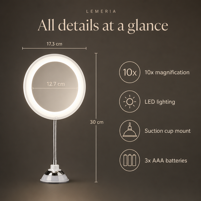 LED makeup mirror at a glance: 10x magnification, LED lighting, suction cup, 3x AAA batteries