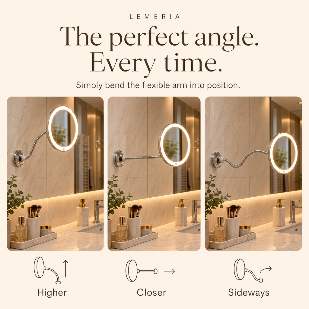 Flexible arm of the LED makeup mirror bent higher, closer or sideways