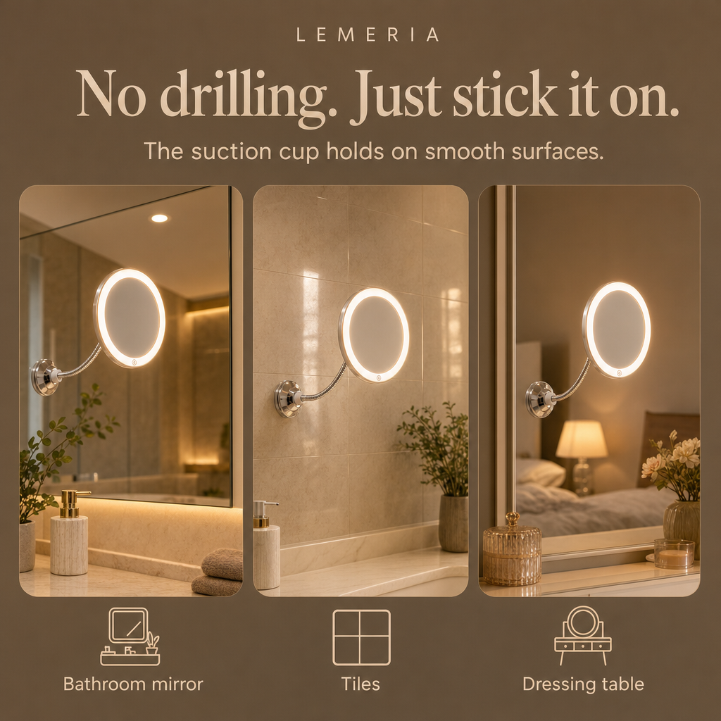 LED cosmetic mirror with suction cup on the bathroom mirror, tiles and dressing table
