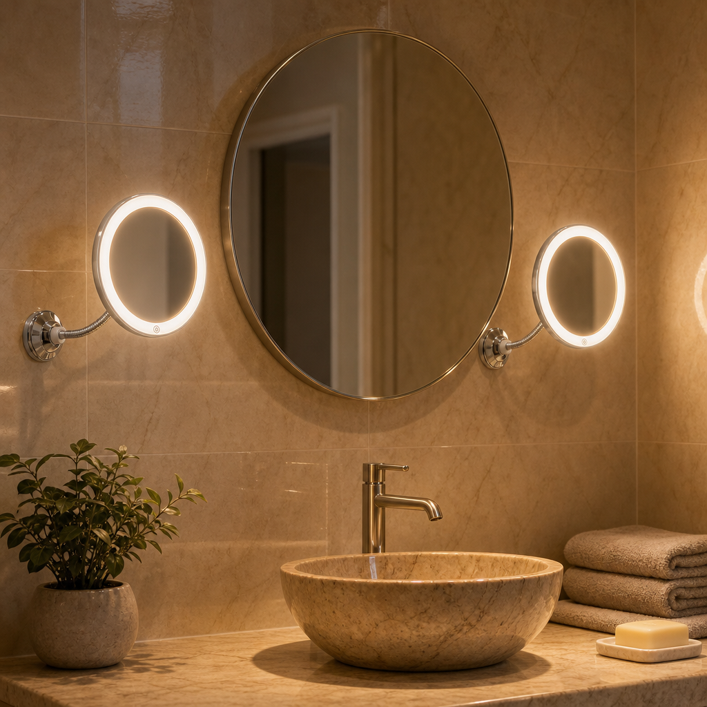 Two illuminated cosmetic mirrors on the tiles in the guest bathroom