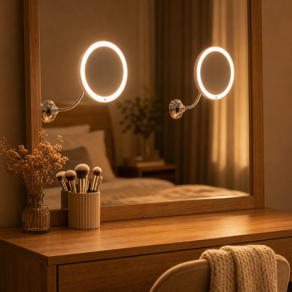 Two LED makeup mirrors on the dressing table mirror in the bedroom