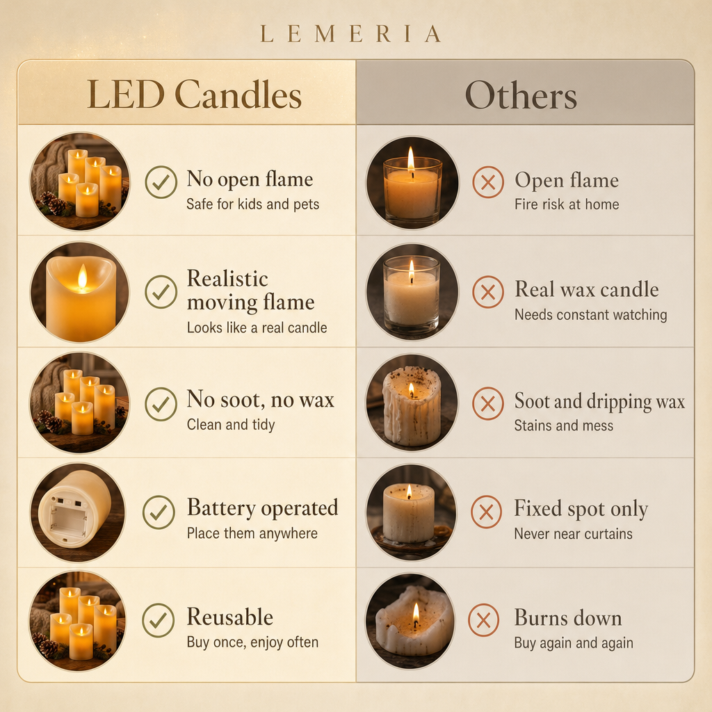 LED candles vs real candles: no open flame, realistic moving flame, no soot, battery operated, reusable