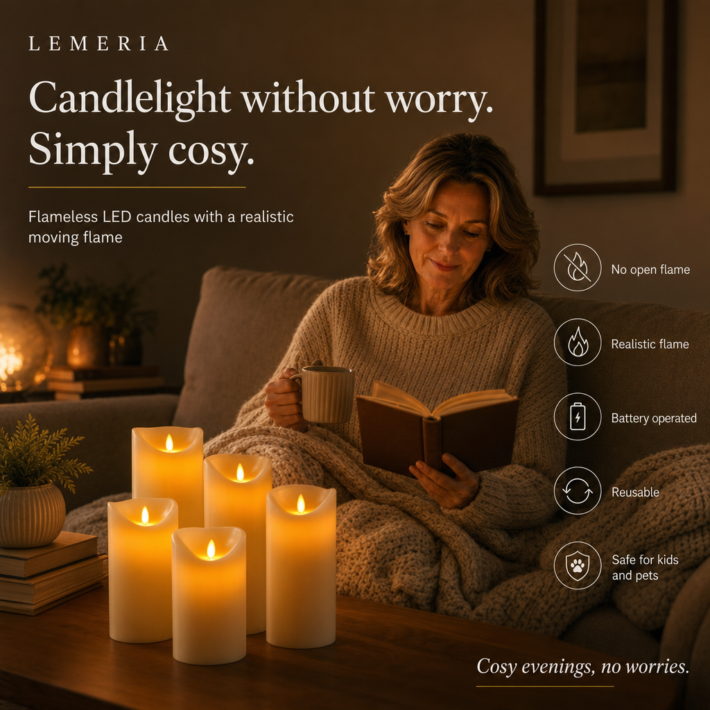 Woman relaxing on the sofa next to flameless LED candles with realistic moving flame, no open flame and safe for kids and pets