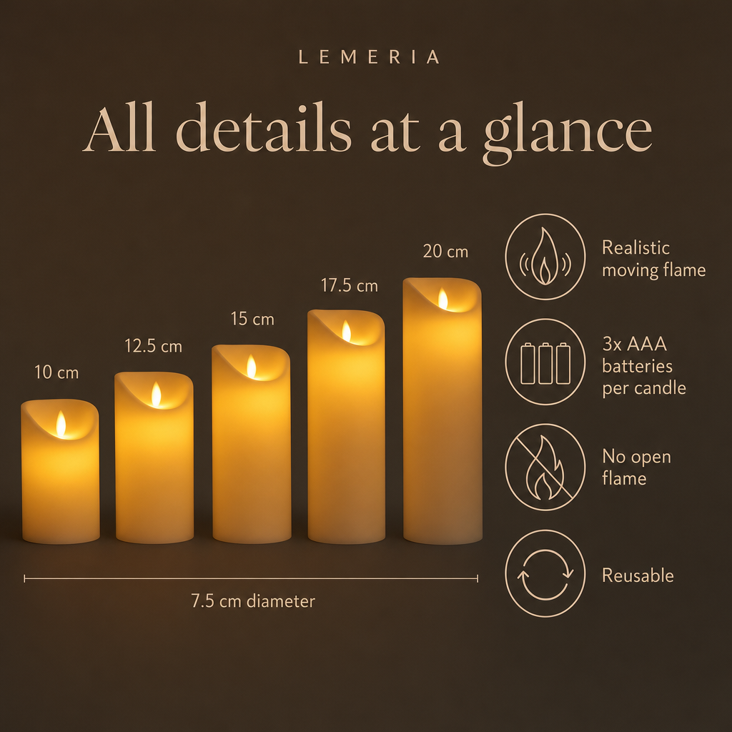LED pillar candles at a glance: 7.5 cm diameter, heights 10 to 20 cm, 3x AAA batteries, reusable