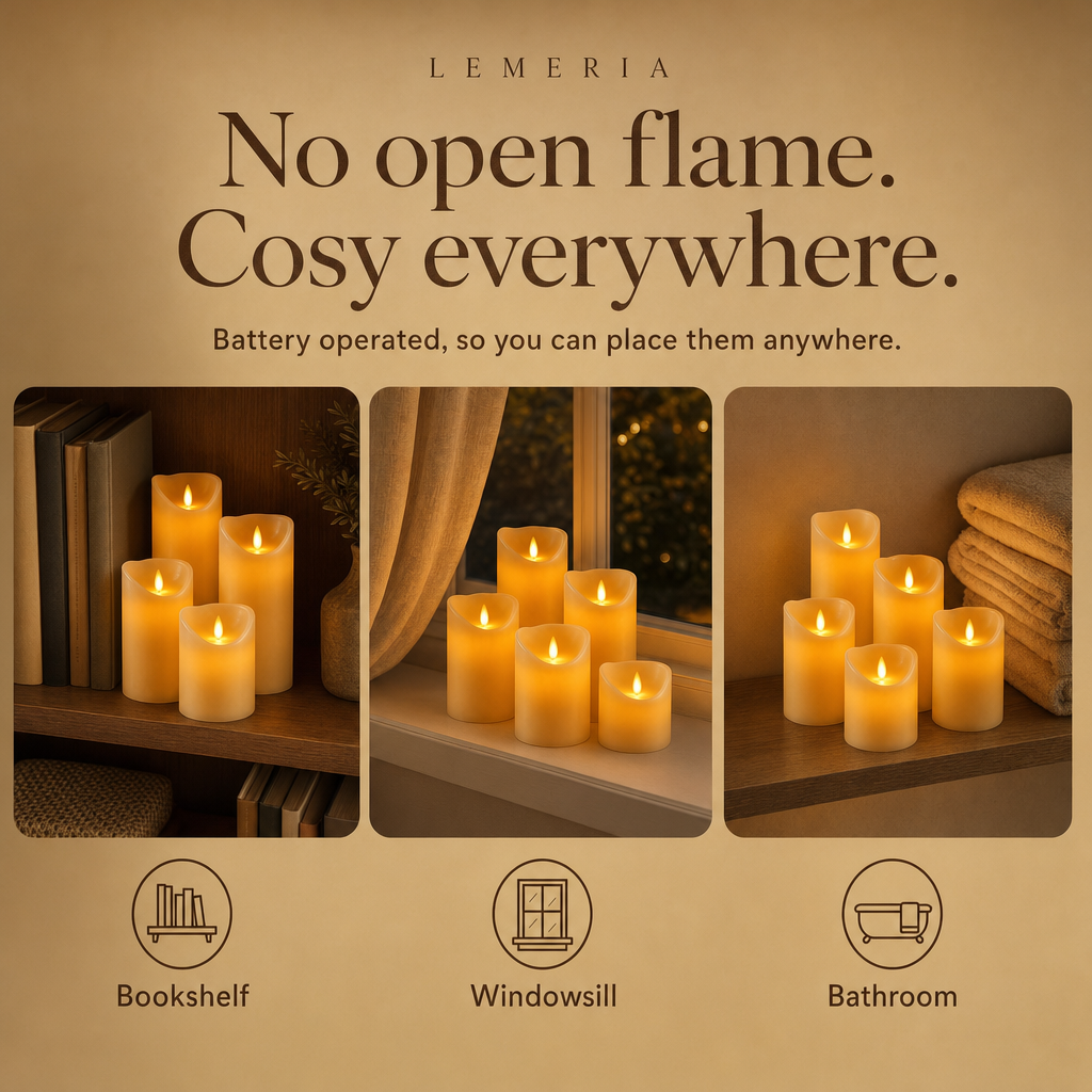 Battery operated LED candles on the bookshelf, windowsill and in the bathroom