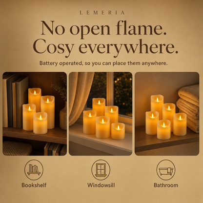 Battery operated LED candles on the bookshelf, windowsill and in the bathroom
