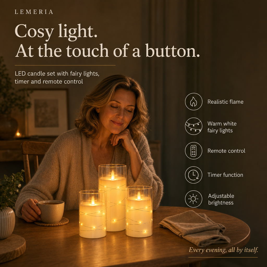 Woman at the dining table with the LED candle set with fairy lights, timer and remote control
