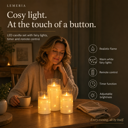 Woman at the dining table with the LED candle set with fairy lights, timer and remote control