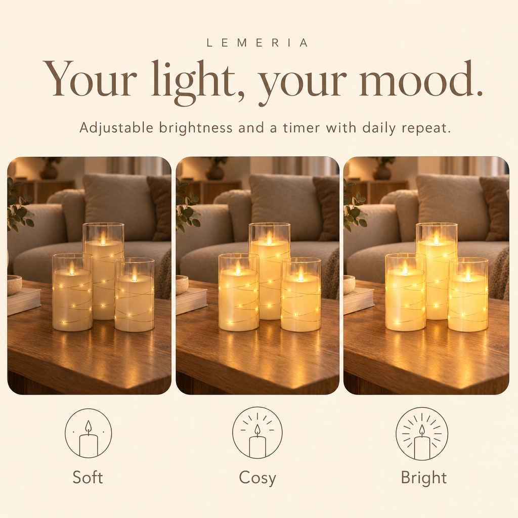 LED candle set with adjustable brightness and timer with daily repeat