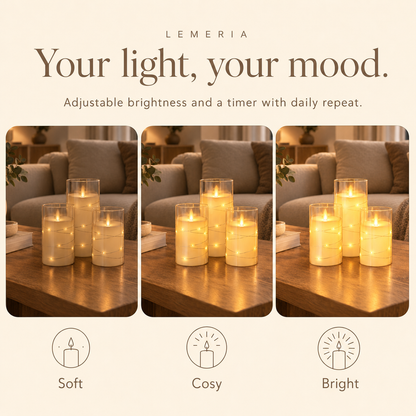 LED candle set with adjustable brightness and timer with daily repeat