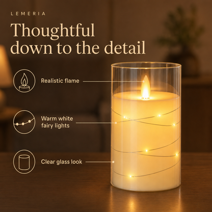 LED glass candle details: realistic flame, warm white fairy lights, clear glass look