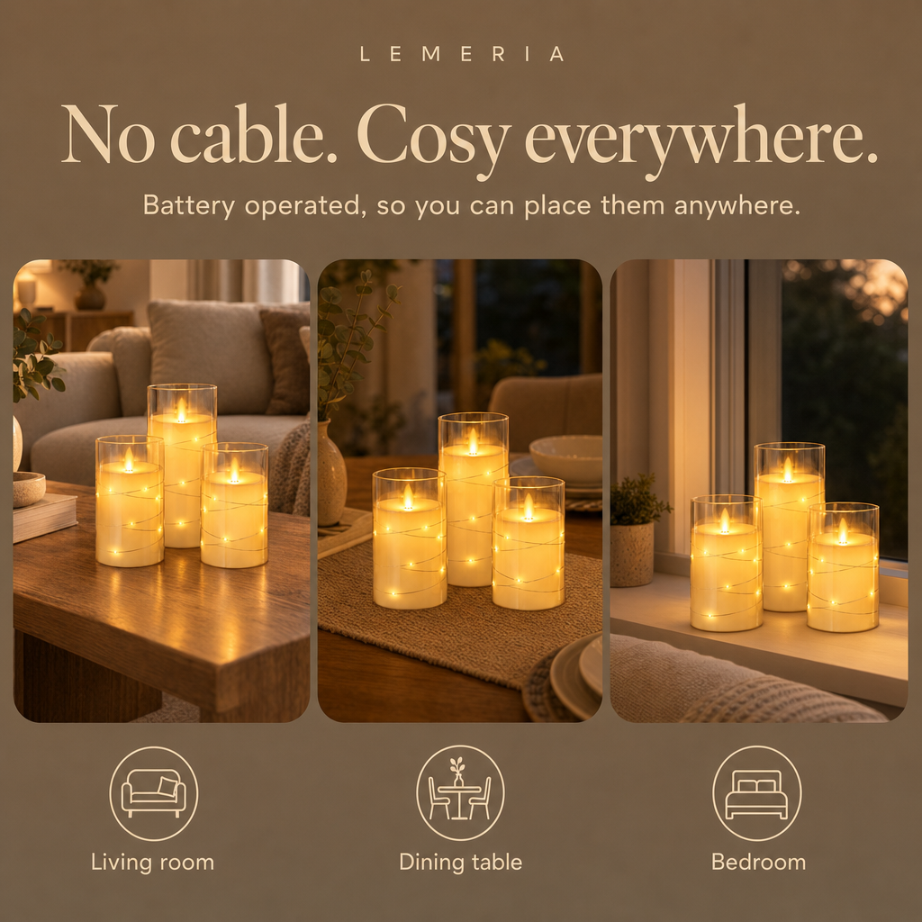 Battery operated LED candle set in the living room, on the dining table and in the bedroom