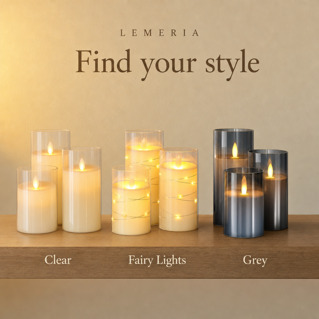LED candle set in clear, fairy lights and grey