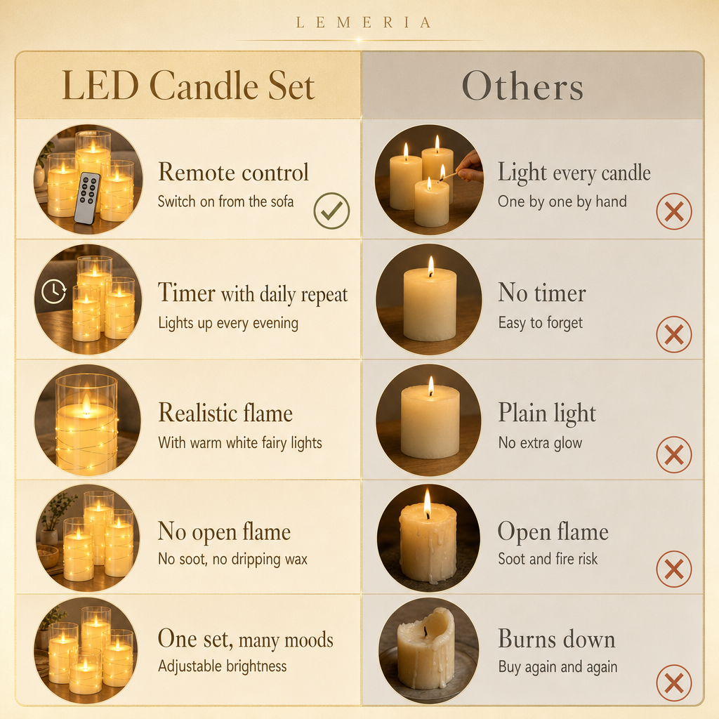 LED candle set vs others: remote control, timer with daily repeat, realistic flame, no open flame