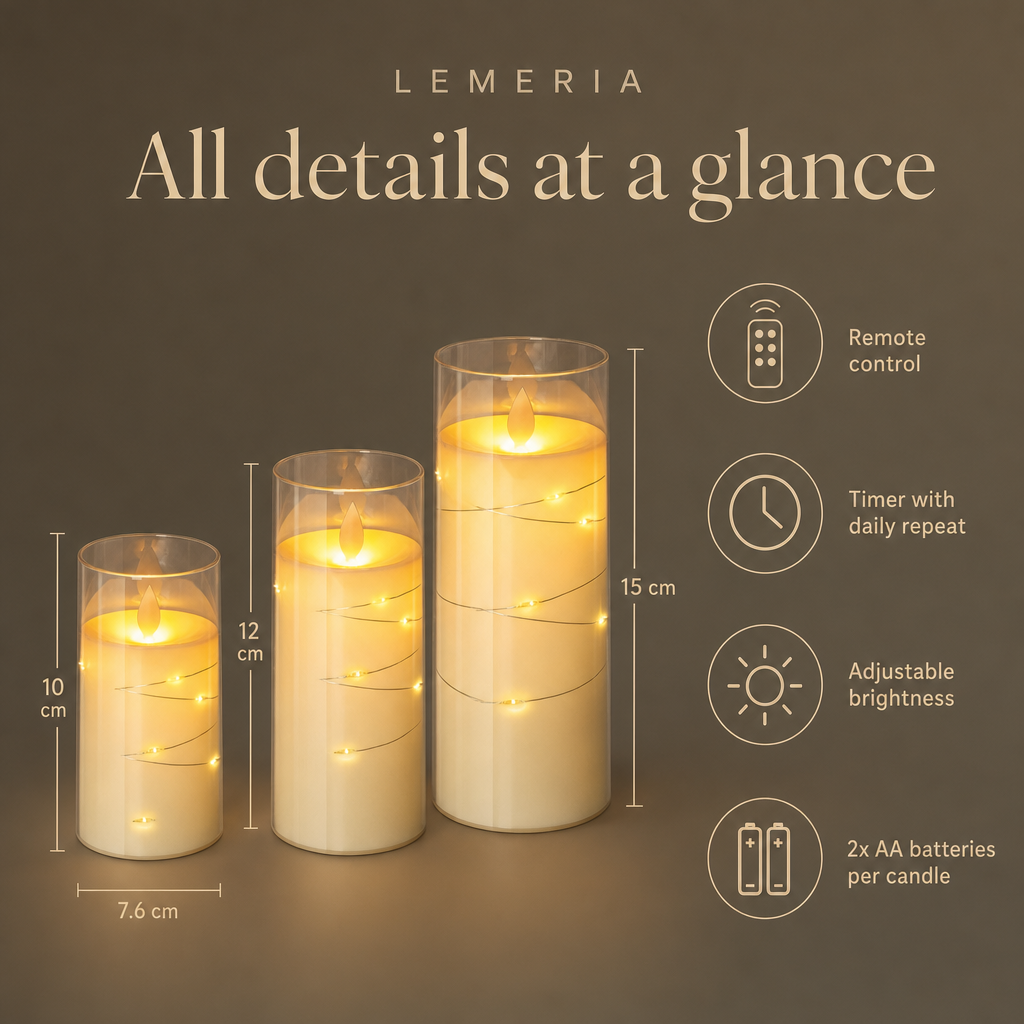 LED candle set at a glance: 10, 12 and 15 cm, remote control, timer, adjustable brightness, 2x AA batteries