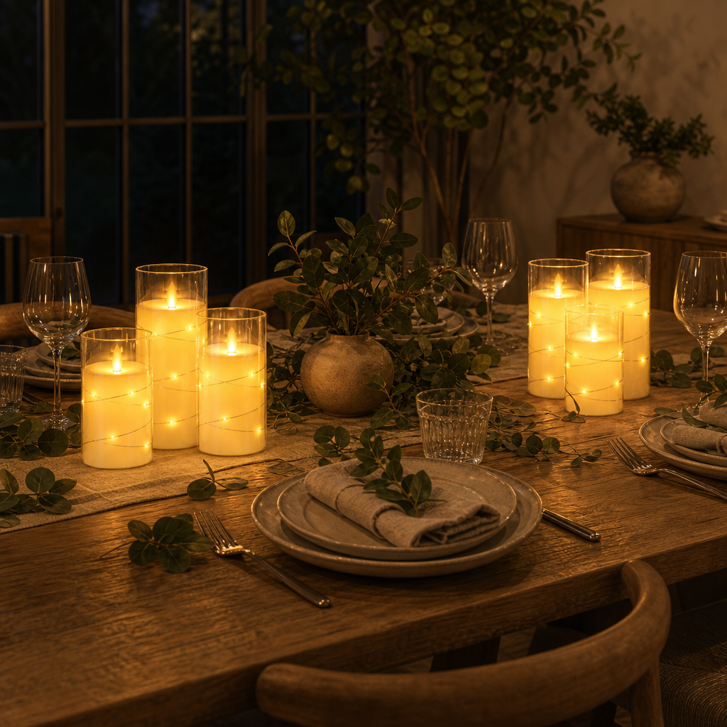Two LED candle sets with warm white fairy lights on the dining table