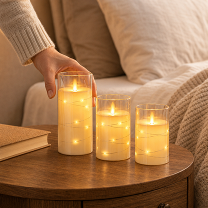 Hand placing LED glass candles with fairy lights on the bedside table