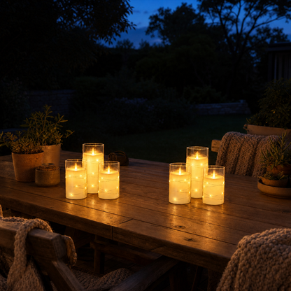 Cordless LED glass candles glowing on the garden terrace at dusk