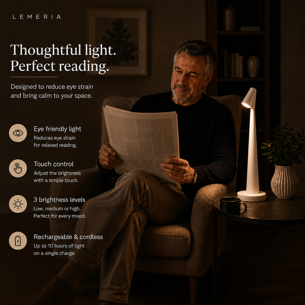 Man reading the newspaper next to the white NordicEleganz lamp, eye friendly light with 3 brightness levels