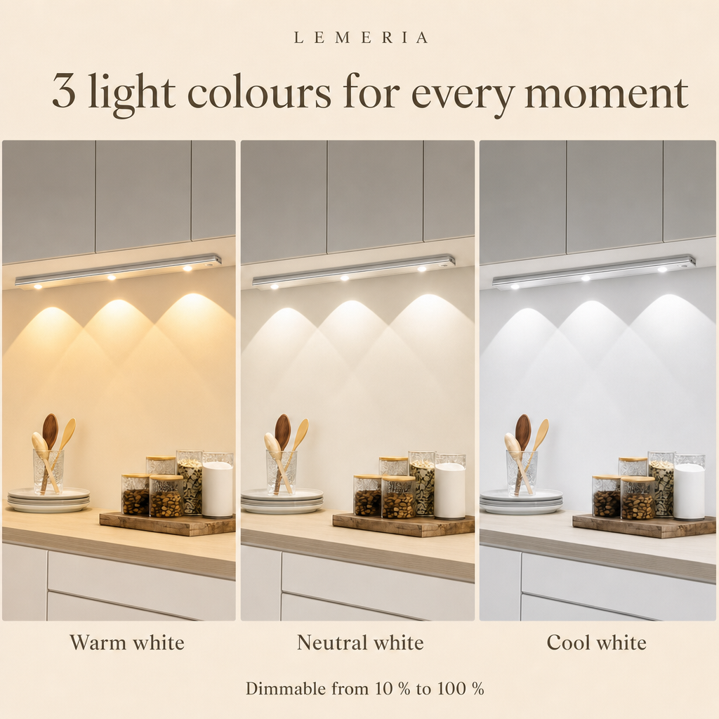 LED under cabinet kitchen light with 3 light colours, dimmable from 10 to 100 percent