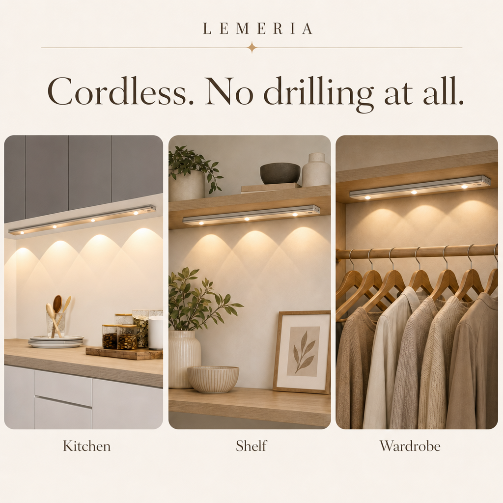 Cordless LED under cabinet light without drilling in the kitchen, on a shelf and in the wardrobe