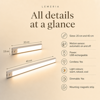 LazyStick specifications: 20 cm and 40 cm, motion sensor, USB rechargeable, dimmable, magnetic strip
