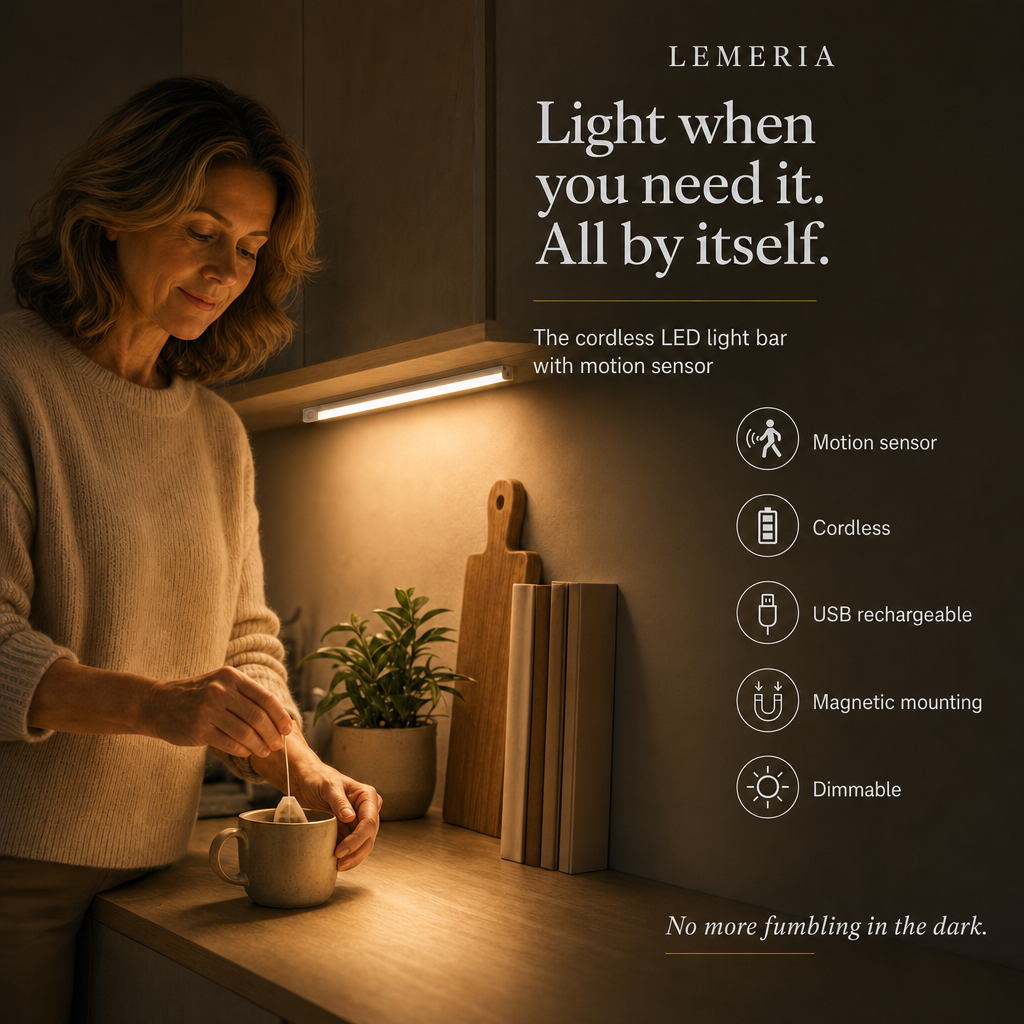 Woman in the kitchen under the LazyStick LED under cabinet light with motion sensor, cordless and USB rechargeable