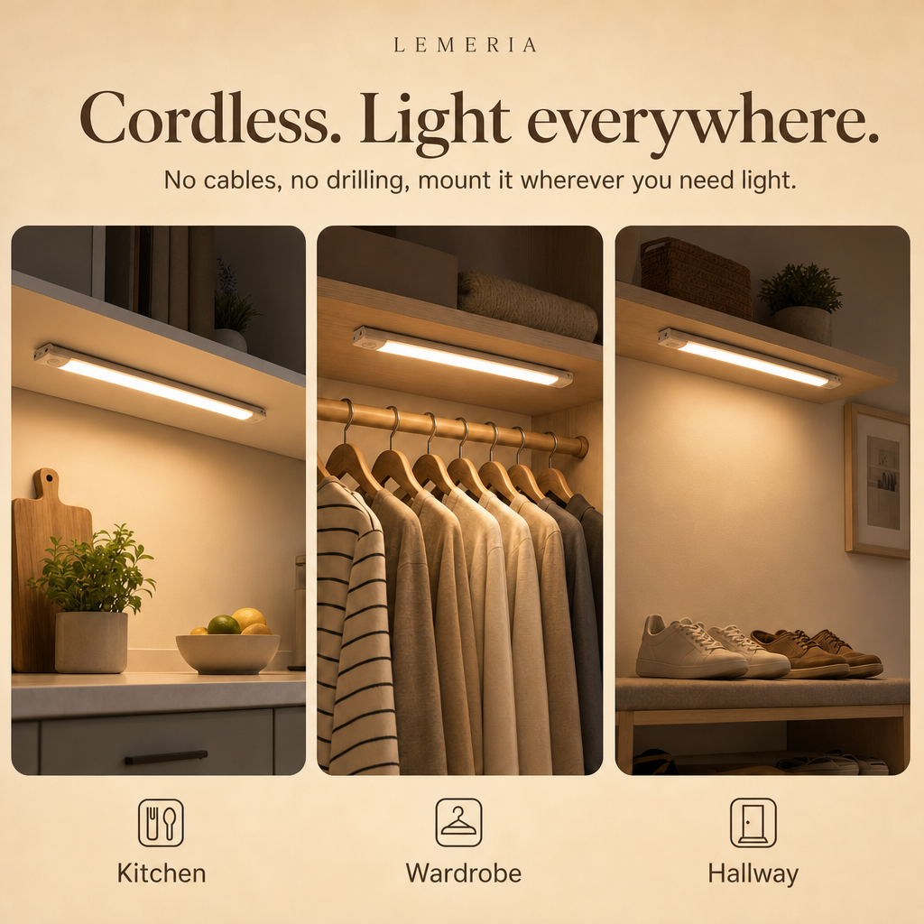 Cordless LazyStick LED light bar in the kitchen, wardrobe and hallway