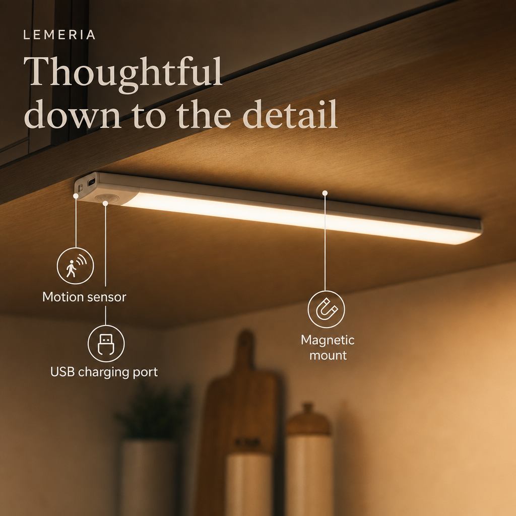 LazyStick details: motion sensor, USB charging port, magnetic mount