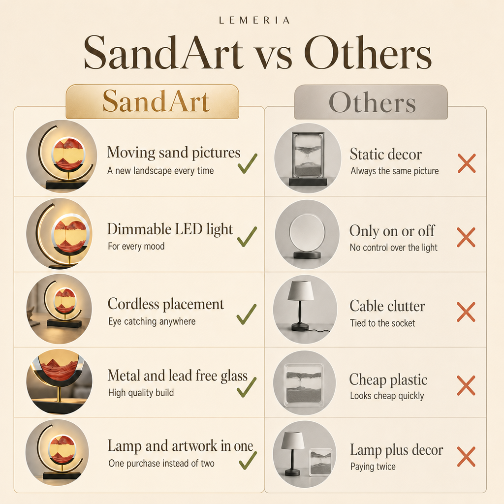 SandArt vs others: moving sand pictures, dimmable LED light, cordless, metal and lead free glass